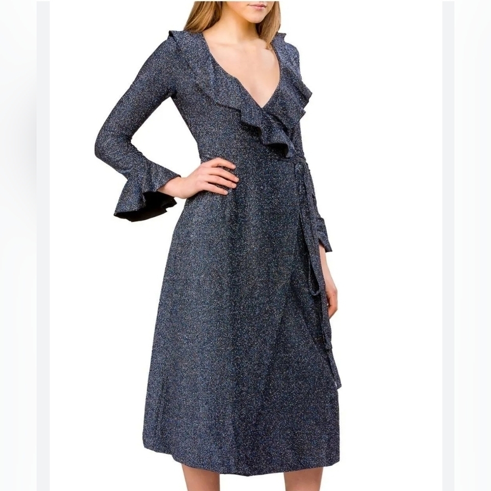 Free People One more time Blue Black Shimmer Ruffle Fluence‎ Midi wrap dress XS